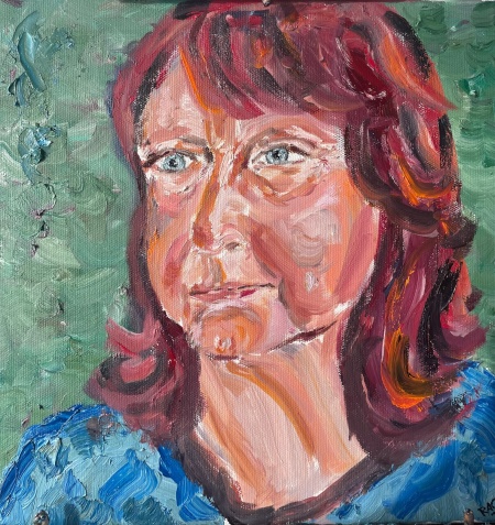 selvportræt af Rikke Aarøe Carlsen RAC udført som oliemaleri 2024